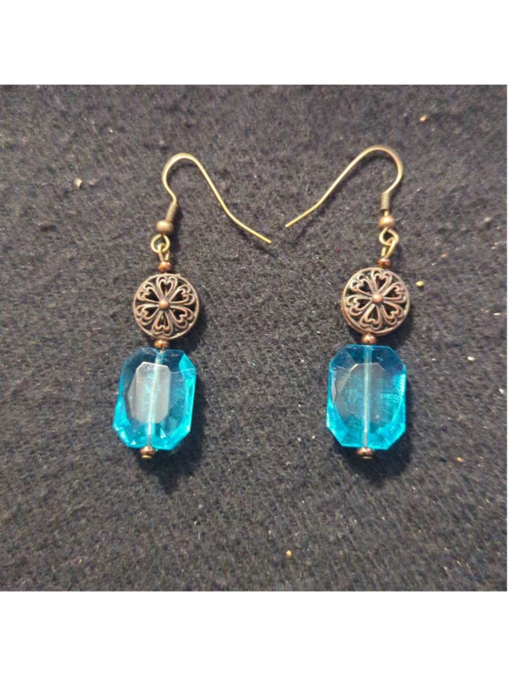 Brass Tone Blue Faceted Crystal Dangle Statement Earrings